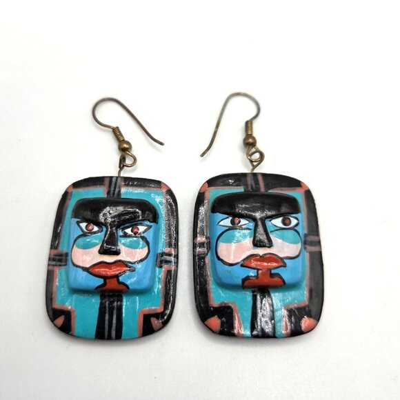 Vintage Earrings Hand Painted Tribal Masks Turquoise Blue Black Aztec Southwest - Picture 1 of 3